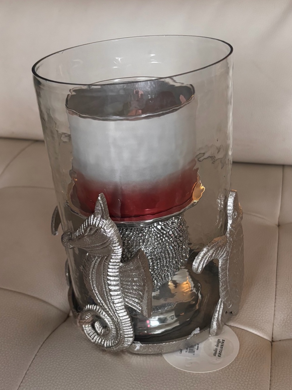 Metal Seahorse Glass Hurricane Candle Holder - Silver with Red Accent